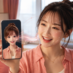 成人女性の表情がスマートフォン上の3Dアバターへ反映される様子
