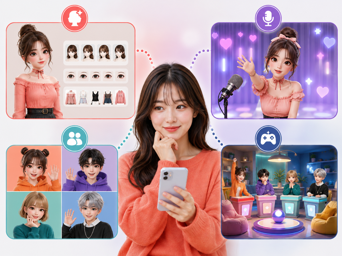 アバター作成、ひとり配信、4人のコラボ、ルーム配信を見比べる成人女性