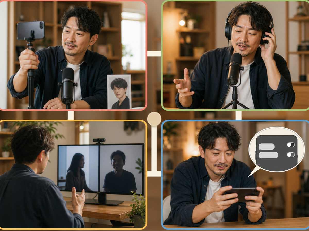 映像配信、ラジオ配信、コラボ配信、ゲームズ配信を見比べる成人の配信者