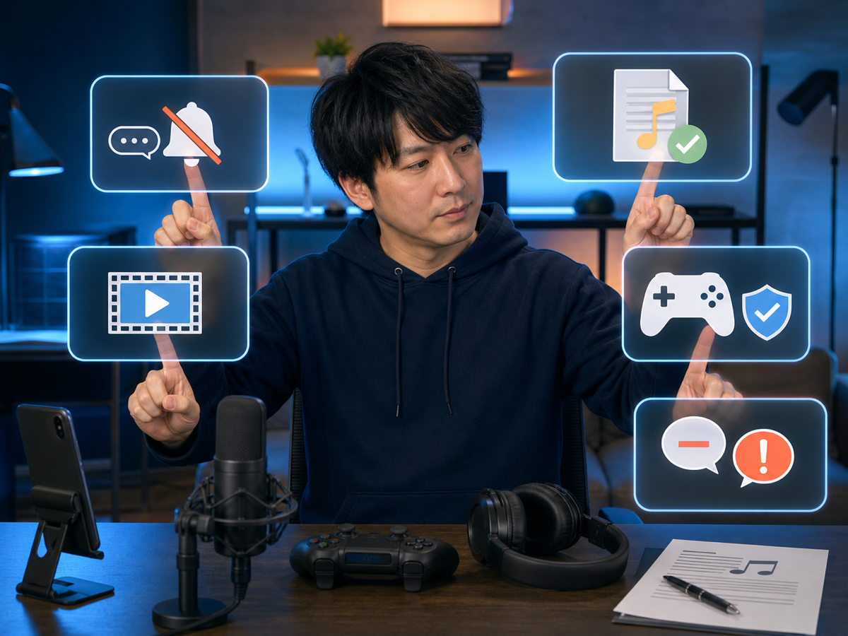 通知停止、タイムシフト、音楽原盤、ゲーム規約、コメントNGを配信前に確認する成人男性