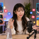カメラ配信、ゲーム配信、3Dアバター、参加型企画を見比べる成人女性の配信者
