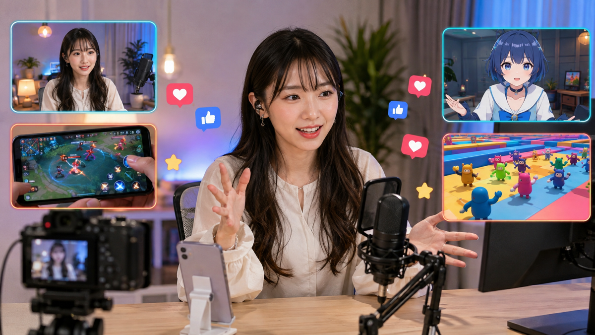 カメラ配信、ゲーム配信、3Dアバター、参加型企画を見比べる成人女性の配信者