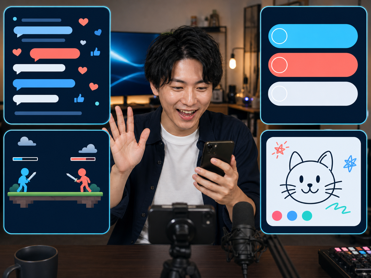 流れるコメント、参加型ゲーム、お絵かき、アンケートを使った配信を見比べる成人の配信者